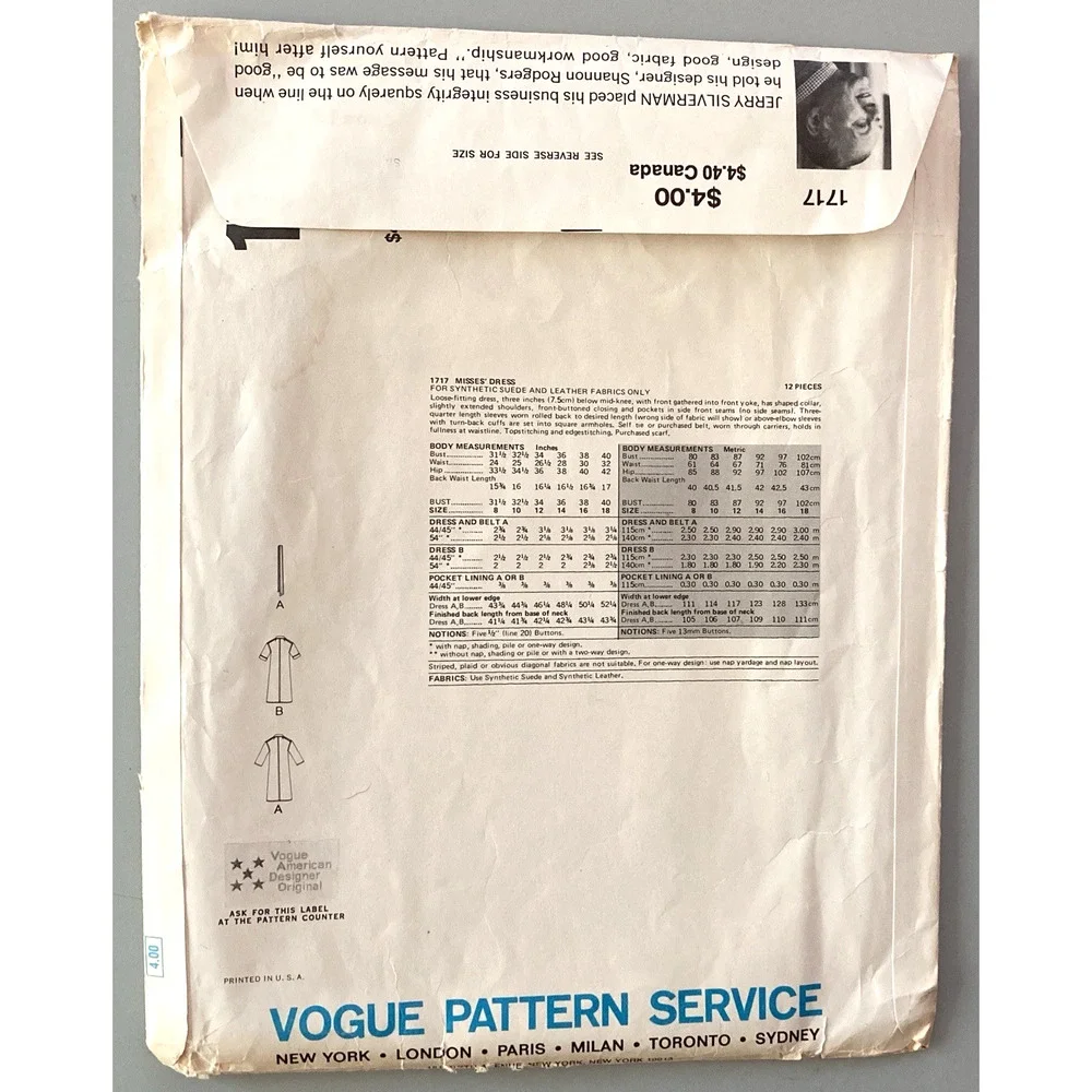 Vogue American Design 1717 Jerry Silverman Pattern Suede Shirtdress Sz 18 Uncut